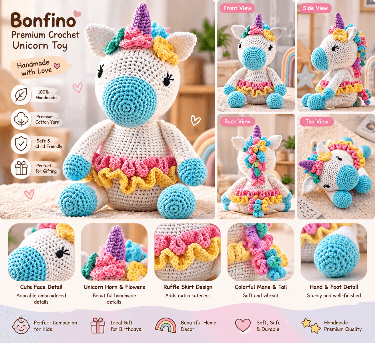 Bonfino Premium Crochet Unicorn Toy, Stuffed Toy for Kids, Cute Unicorn Made with 100% Knitted Cotton, Best Birthday Gift for Boys & Girls, Pretend Play & Cuddle Toy for Babies (Blue & White)