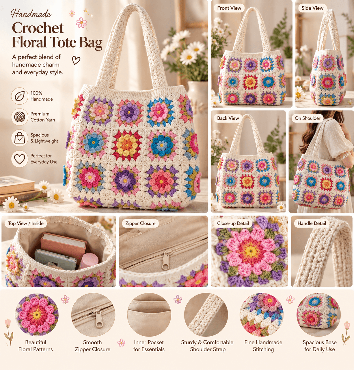 Handmade Crochet Granny Square Shoulder Bag for Women, Wool Floral Tote Bag, Bohemian Knitted Handbag, Multicolor — view 1 of 1