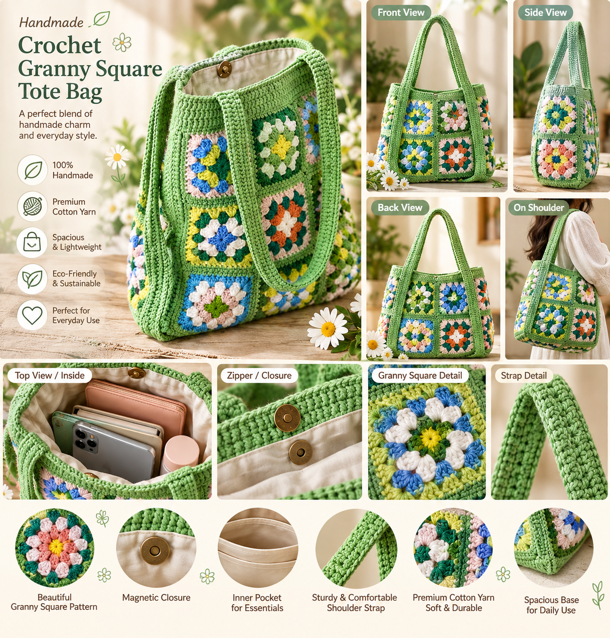  Cotton Handmade Womens Stylish Cotton Hand Crochet Spacious Tote Bag Shopping Bag Handmade Knitting Shoulder Bag Multicolour Green