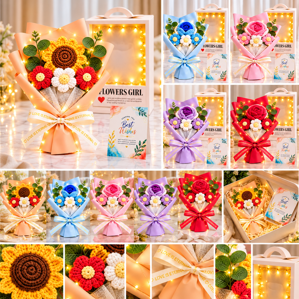 Artificial Crochet Flower Bouquet Gift Set (with Card — Fairy Lights & Box) — view 1 of 1