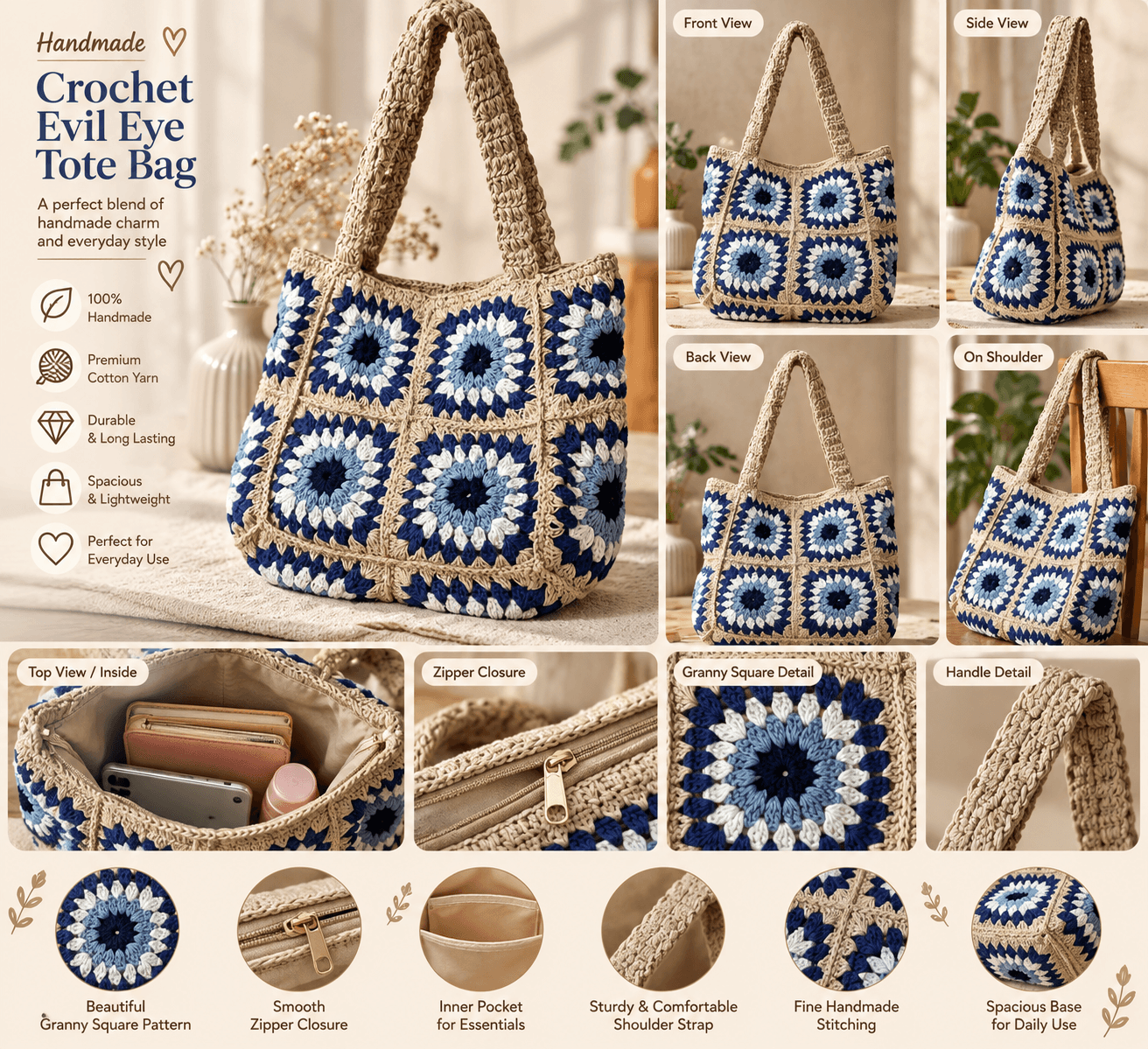 Blue & Beige Evil-Eye Crochet Tote with Zip