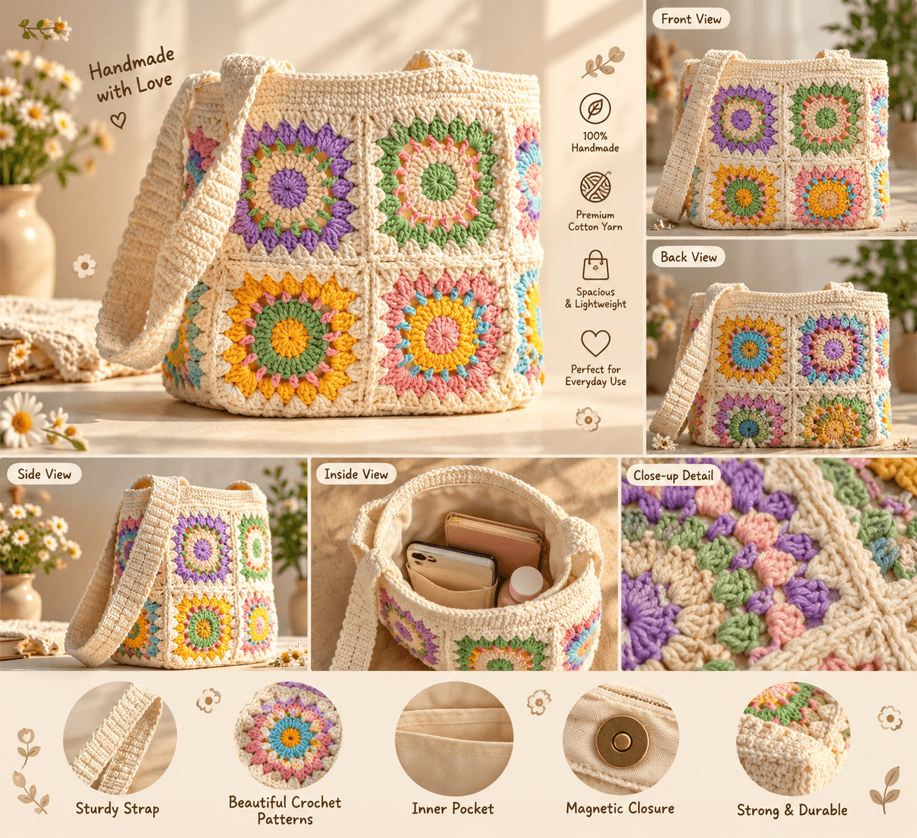 Orange & Beige Cotton Crochet Shoulder Bag